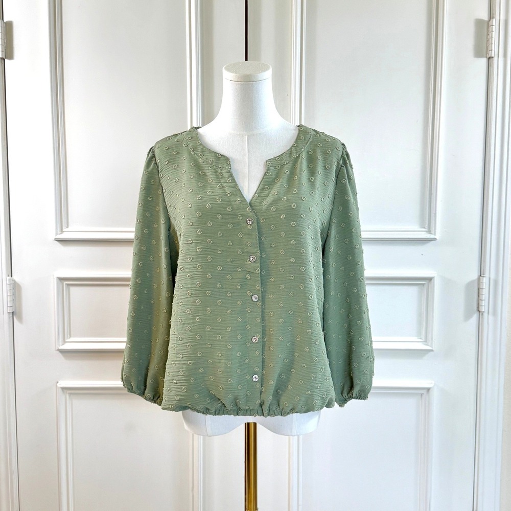 Adrienne Vittadini Swiss Dot Long Sleeve Blouse Women's XL Green Boho VW33684